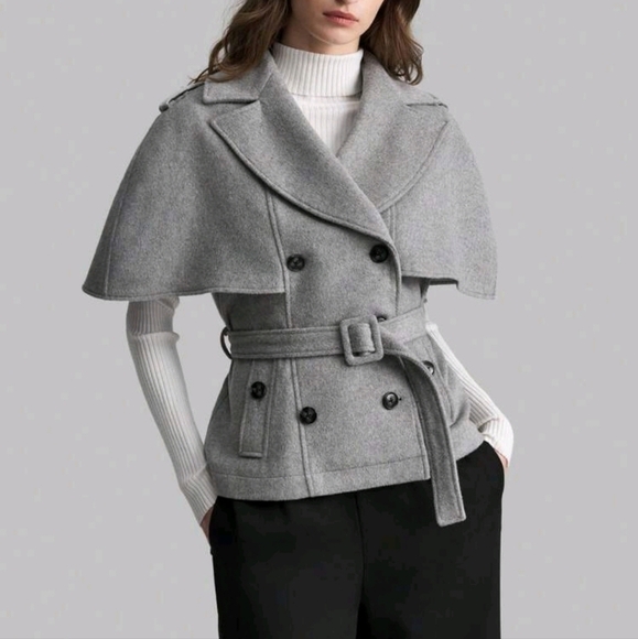 Women Gray Jacket Winter Coat,Color Block Double-Breasted Cape Fitted Long Coat - Picture 1 of 5